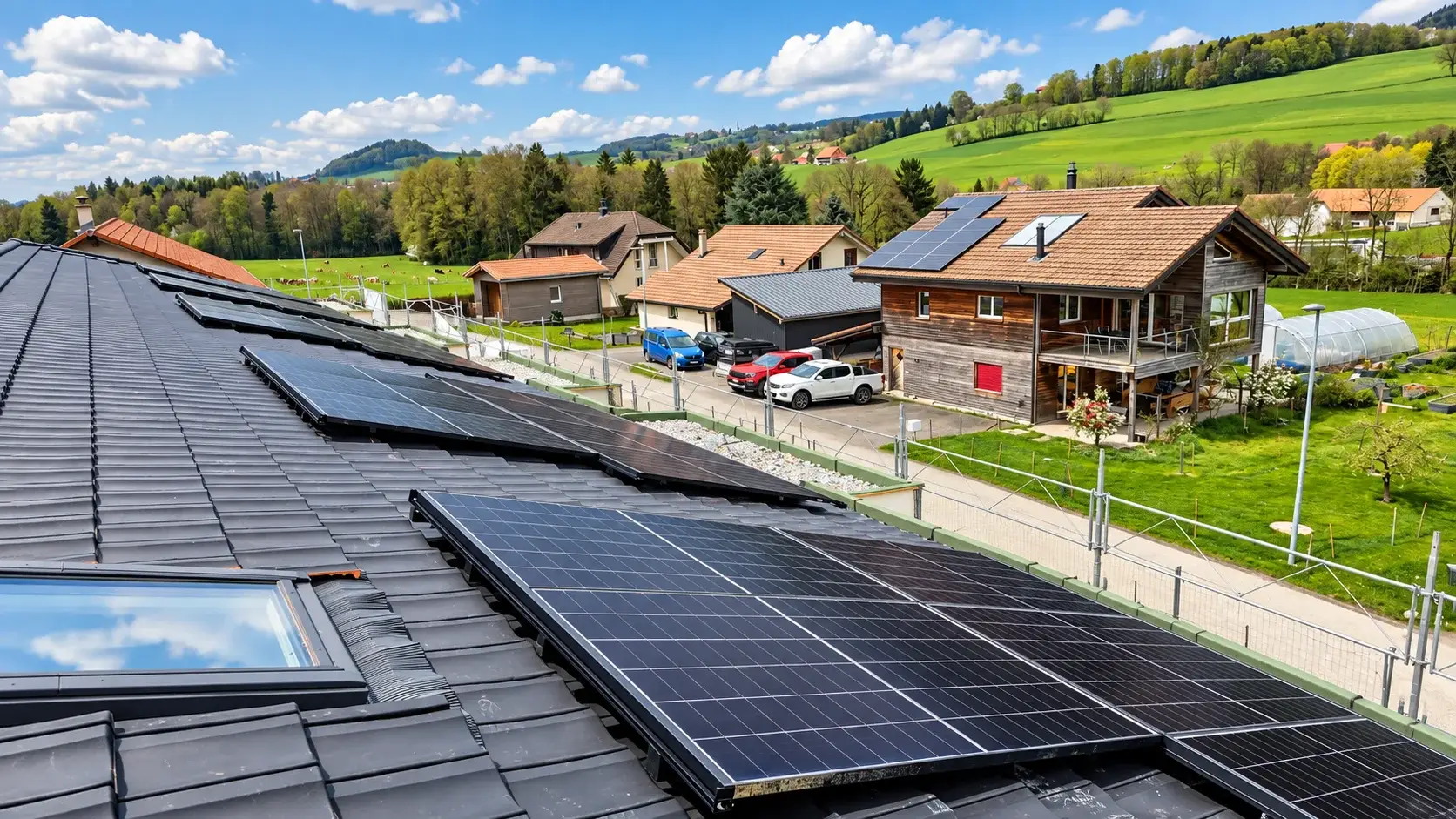 Installation photovoltaïque de grande surface sur le toit d'un bâtiment agricole dans le canton de Vaud