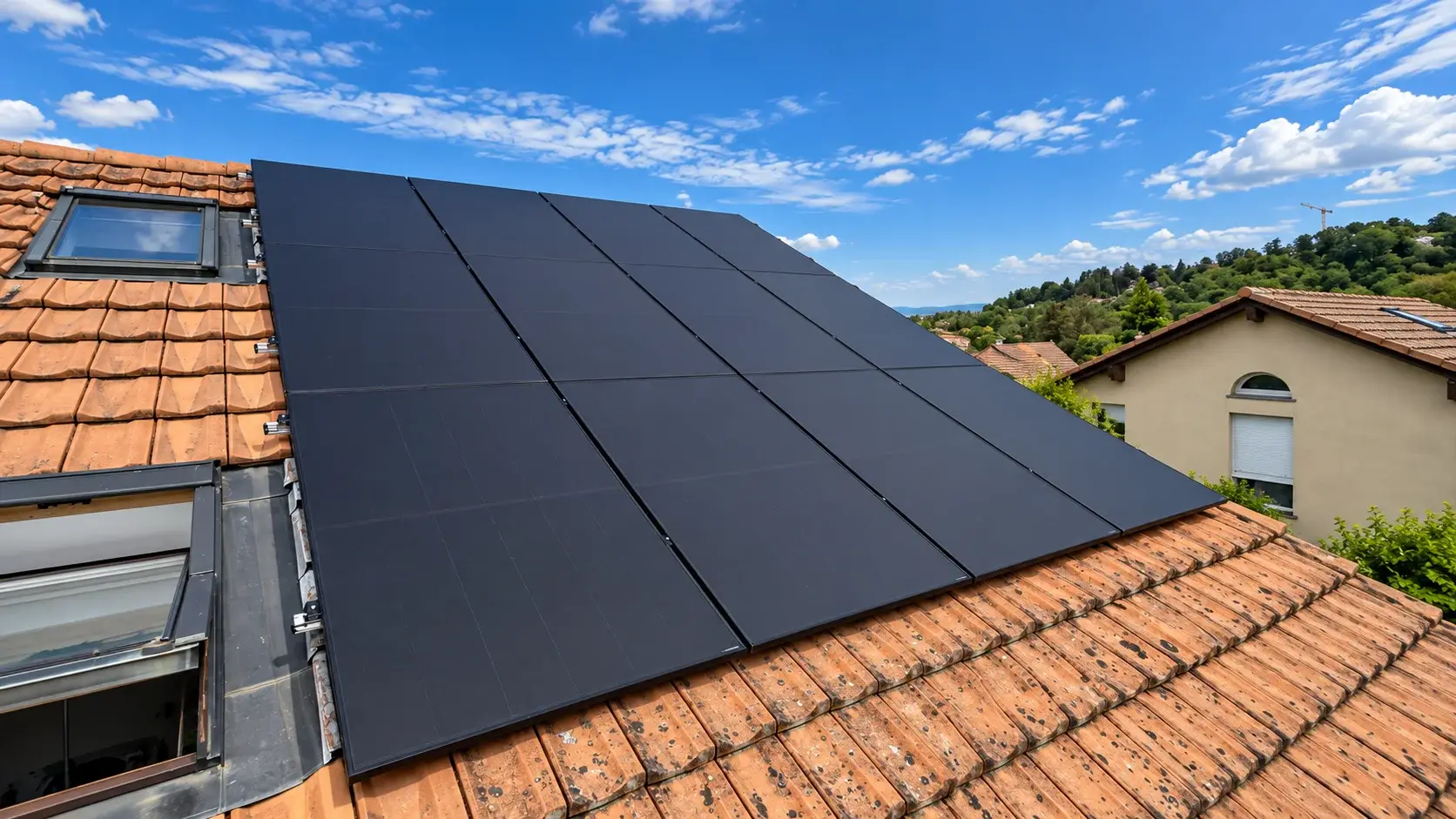 Panneaux solaires photovoltaïques full-black intégrés sur la toiture d'une maison à Riaz en Gruyère